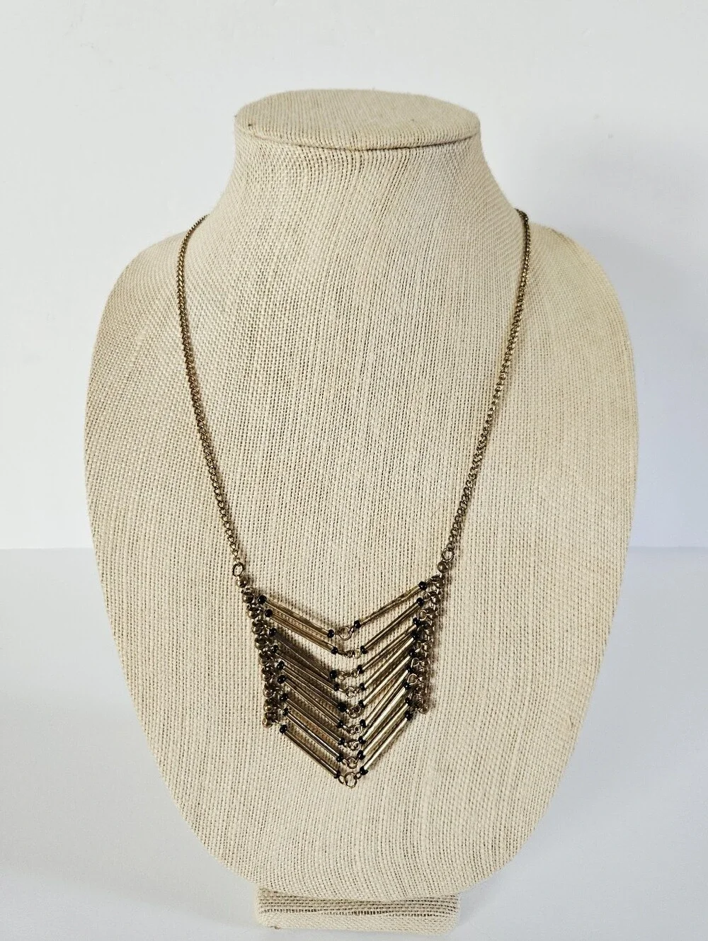 Vintage Geometric Brass Tube Beaded Chevron Hinged Cascade Bib Chain Necklace